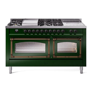 ILVE Nostalgie II 60-Inch Dual Fuel Range with 7 Sealed Burners + Griddle + French Top, 5.8 cu. ft. Oven, Emerald Green with Burnished Trim, Liquid Propane, Triple Glass Door, UN60FSNMPEGBLP