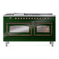 ILVE Nostalgie II 60-Inch Dual Fuel Range with 7 Sealed Burners + Griddle + French Top, 5.8 cu. ft. Oven, Emerald Green with Burnished Trim, Liquid Propane, Triple Glass Door, UN60FSNMPEGBLP