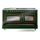 ILVE Nostalgie II 60-Inch Dual Fuel Range with 7 Sealed Burners + Griddle + French Top, 5.8 cu. ft. Oven, Emerald Green with Burnished Trim, Liquid Propane, Triple Glass Door, UN60FSNMPEGBLP