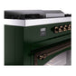 ILVE Nostalgie II 60-Inch Dual Fuel Range with 7 Sealed Burners + Griddle + French Top, 5.8 cu. ft. Oven, Emerald Green with Burnished Trim, Liquid Propane, Triple Glass Door, UN60FSNMPEGBLP