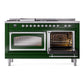ILVE Nostalgie II 60-Inch Dual Fuel Range with 7 Sealed Burners + Griddle + French Top, 5.8 cu. ft. Oven, Emerald Green with Chrome Trim, Liquid Propane, Triple Glass Door, UN60FSNMPEGCLP