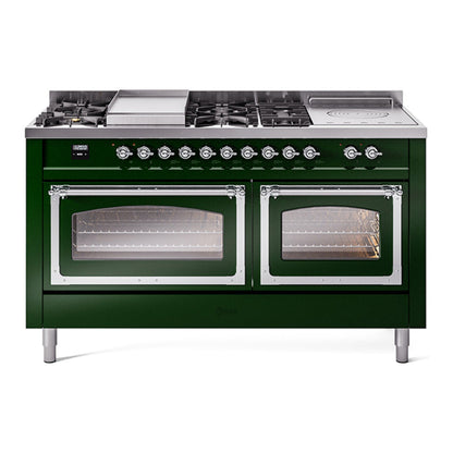 ILVE Nostalgie II 60-Inch Dual Fuel Range with 7 Sealed Burners + Griddle + French Top, 5.8 cu. ft. Oven, Emerald Green with Chrome Trim, Natural Gas, Triple Glass Door, UN60FSNMPEGC