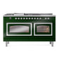 ILVE Nostalgie II 60-Inch Dual Fuel Range with 7 Sealed Burners + Griddle + French Top, 5.8 cu. ft. Oven, Emerald Green with Chrome Trim, Natural Gas, Triple Glass Door, UN60FSNMPEGC