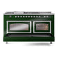 ILVE Nostalgie II 60-Inch Dual Fuel Range with 7 Sealed Burners + Griddle + French Top, 5.8 cu. ft. Oven, Emerald Green with Chrome Trim, Natural Gas, Triple Glass Door, UN60FSNMPEGC