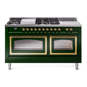 ILVE Nostalgie II 60-Inch Dual Fuel Range with 7 Sealed Burners + Griddle + French Top, 5.8 cu. ft. Oven, Emerald Green with Brass Trim, Liquid Propane, Triple Glass Door, UN60FSNMPEGGLP