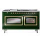 ILVE Nostalgie II 60-Inch Dual Fuel Range with 7 Sealed Burners + Griddle + French Top, 5.8 cu. ft. Oven, Emerald Green with Brass Trim, Liquid Propane, Triple Glass Door, UN60FSNMPEGGLP