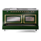 ILVE Nostalgie II 60-Inch Dual Fuel Range with 7 Sealed Burners + Griddle + French Top, 5.8 cu. ft. Oven, Emerald Green with Brass Trim, Natural Gas, Triple Glass Door, UN60FSNMPEGG