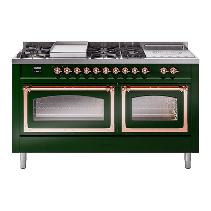 ILVE Nostalgie II 60-Inch Dual Fuel Range with 7 Sealed Burners + Griddle + French Top, 5.8 cu. ft. Oven, Emerald Green with Copper Trim, Liquid Propane, Triple Glass Door, UN60FSNMPEGPLP