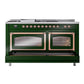 ILVE Nostalgie II 60-Inch Dual Fuel Range with 7 Sealed Burners + Griddle + French Top, 5.8 cu. ft. Oven, Emerald Green with Copper Trim, Liquid Propane, Triple Glass Door, UN60FSNMPEGPLP
