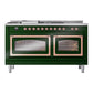 ILVE Nostalgie II 60-Inch Dual Fuel Range with 7 Sealed Burners + Griddle + French Top, 5.8 cu. ft. Oven, Emerald Green with Copper Trim, Natural Gas, Triple Glass Door, UN60FSNMPEGP