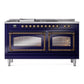 ILVE Nostalgie II 60-Inch Dual Fuel Range with 7 Sealed Burners + Griddle + French Top, 5.8 cu. ft. Oven, Midnight Blue with Burnished Trim, Liquid Propane, Triple Glass Door, UN60FSNMPMBBLP