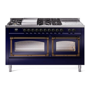 ILVE Nostalgie II 60-Inch Dual Fuel Range with 7 Sealed Burners + Griddle + French Top, 5.8 cu. ft. Oven, Midnight Blue with Burnished Trim, Natural Gas, Triple Glass Door, UN60FSNMPMBB