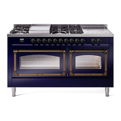 ILVE Nostalgie II 60-Inch Dual Fuel Range with 7 Sealed Burners + Griddle + French Top, 5.8 cu. ft. Oven, Midnight Blue with Burnished Trim, Natural Gas, Triple Glass Door, UN60FSNMPMBB