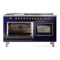 ILVE Nostalgie II 60-Inch Dual Fuel Range with 7 Sealed Burners + Griddle + French Top, 5.8 cu. ft. Oven, Midnight Blue with Burnished Trim, Natural Gas, Triple Glass Door, UN60FSNMPMBB