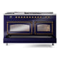 ILVE Nostalgie II 60-Inch Dual Fuel Range with 7 Sealed Burners + Griddle + French Top, 5.8 cu. ft. Oven, Midnight Blue with Burnished Trim, Natural Gas, Triple Glass Door, UN60FSNMPMBB