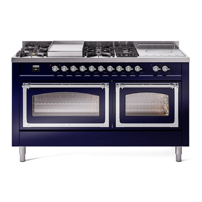 ILVE Nostalgie II 60-Inch Dual Fuel Range with 7 Sealed Burners + Griddle + French Top, 5.8 cu. ft. Oven, Midnight Blue with Chrome Trim, Liquid Propane, Triple Glass Door, UN60FSNMPMBCLP