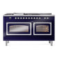 ILVE Nostalgie II 60-Inch Dual Fuel Range with 7 Sealed Burners + Griddle + French Top, 5.8 cu. ft. Oven, Midnight Blue with Chrome Trim, Liquid Propane, Triple Glass Door, UN60FSNMPMBCLP