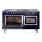 ILVE Nostalgie II 60-Inch Dual Fuel Range with 7 Sealed Burners + Griddle + French Top, 5.8 cu. ft. Oven, Midnight Blue with Chrome Trim, Liquid Propane, Triple Glass Door, UN60FSNMPMBCLP
