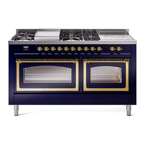 ILVE Nostalgie II 60-Inch Dual Fuel Range with 7 Sealed Burners + Griddle + French Top, 5.8 cu. ft. Oven, Midnight Blue with Brass Trim, Liquid Propane, Triple Glass Door, UN60FSNMPMBGLP