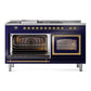 ILVE Nostalgie II 60-Inch Dual Fuel Range with 7 Sealed Burners + Griddle + French Top, 5.8 cu. ft. Oven, Midnight Blue with Brass Trim, Liquid Propane, Triple Glass Door, UN60FSNMPMBGLP