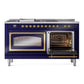 ILVE Nostalgie II 60-Inch Dual Fuel Range with 7 Sealed Burners + Griddle + French Top, 5.8 cu. ft. Oven, Midnight Blue with Brass Trim, Liquid Propane, Triple Glass Door, UN60FSNMPMBGLP