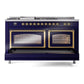 ILVE Nostalgie II 60-Inch Dual Fuel Range with 7 Sealed Burners + Griddle + French Top, 5.8 cu. ft. Oven, Midnight Blue with Brass Trim, Natural Gas, Triple Glass Door, UN60FSNMPMBG