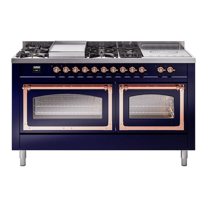 ILVE Nostalgie II 60-Inch Dual Fuel Range with 7 Sealed Burners + Griddle + French Top, 5.8 cu. ft. Oven, Midnight Blue with Copper Trim, Liquid Propane, Triple Glass Door, UN60FSNMPMBPLP