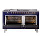 ILVE Nostalgie II 60-Inch Dual Fuel Range with 7 Sealed Burners + Griddle + French Top, 5.8 cu. ft. Oven, Midnight Blue with Copper Trim, Liquid Propane, Triple Glass Door, UN60FSNMPMBPLP