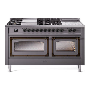 ILVE Nostalgie II 60-Inch Dual Fuel Range with 7 Sealed Burners + Griddle + French Top, 5.8 cu. ft. Oven, Graphite Matte with Burnished Trim, Liquid Propane, Triple Glass Door, UN60FSNMPMGBLP