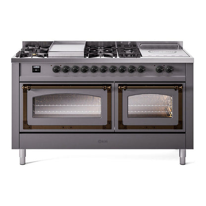 ILVE Nostalgie II 60-Inch Dual Fuel Range with 7 Sealed Burners + Griddle + French Top, 5.8 cu. ft. Oven, Graphite Matte with Burnished Trim, Liquid Propane, Triple Glass Door, UN60FSNMPMGBLP