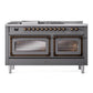 ILVE Nostalgie II 60-Inch Dual Fuel Range with 7 Sealed Burners + Griddle + French Top, 5.8 cu. ft. Oven, Graphite Matte with Burnished Trim, Liquid Propane, Triple Glass Door, UN60FSNMPMGBLP