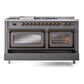 ILVE Nostalgie II 60-Inch Dual Fuel Range with 7 Sealed Burners + Griddle + French Top, 5.8 cu. ft. Oven, Graphite Matte with Burnished Trim, Liquid Propane, Triple Glass Door, UN60FSNMPMGBLP