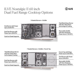 ILVE Nostalgie II 60-Inch Dual Fuel Range with 7 Sealed Burners + Griddle + French Top, 5.8 cu. ft. Oven, Graphite Matte with Burnished Trim, Natural Gas, Triple Glass Door, UN60FSNMPMGB