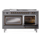 ILVE Nostalgie II 60-Inch Dual Fuel Range with 7 Sealed Burners + Griddle + French Top, 5.8 cu. ft. Oven, Graphite Matte with Burnished Trim, Natural Gas, Triple Glass Door, UN60FSNMPMGB