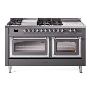 ILVE Nostalgie II 60-Inch Dual Fuel Range with 7 Sealed Burners + Griddle + French Top, 5.8 cu. ft. Oven, Graphite Matte with Chrome Trim, Liquid Propane, Triple Glass Door, UN60FSNMPMGCLP