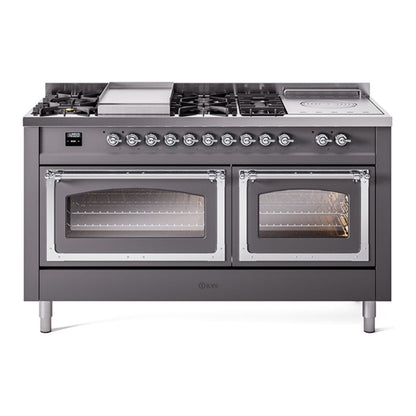 ILVE Nostalgie II 60-Inch Dual Fuel Range with 7 Sealed Burners + Griddle + French Top, 5.8 cu. ft. Oven, Graphite Matte with Chrome Trim, Liquid Propane, Triple Glass Door, UN60FSNMPMGCLP