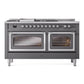 ILVE Nostalgie II 60-Inch Dual Fuel Range with 7 Sealed Burners + Griddle + French Top, 5.8 cu. ft. Oven, Graphite Matte with Chrome Trim, Natural Gas, Triple Glass Door, UN60FSNMPMGC