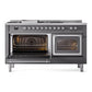 ILVE Nostalgie II 60-Inch Dual Fuel Range with 7 Sealed Burners + Griddle + French Top, 5.8 cu. ft. Oven, Graphite Matte with Chrome Trim, Natural Gas, Triple Glass Door, UN60FSNMPMGC