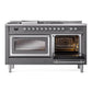 ILVE Nostalgie II 60-Inch Dual Fuel Range with 7 Sealed Burners + Griddle + French Top, 5.8 cu. ft. Oven, Graphite Matte with Chrome Trim, Natural Gas, Triple Glass Door, UN60FSNMPMGC