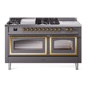 ILVE Nostalgie II 60-Inch Dual Fuel Range with 7 Sealed Burners + Griddle + French Top, 5.8 cu. ft. Oven, Graphite Matte with Brass Trim, Liquid Propane, Triple Glass Door, UN60FSNMPMGGLP