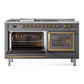ILVE Nostalgie II 60-Inch Dual Fuel Range with 7 Sealed Burners + Griddle + French Top, 5.8 cu. ft. Oven, Graphite Matte with Brass Trim, Liquid Propane, Triple Glass Door, UN60FSNMPMGGLP