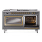 ILVE Nostalgie II 60-Inch Dual Fuel Range with 7 Sealed Burners + Griddle + French Top, 5.8 cu. ft. Oven, Graphite Matte with Brass Trim, Liquid Propane, Triple Glass Door, UN60FSNMPMGGLP