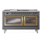 ILVE Nostalgie II 60-Inch Dual Fuel Range with 7 Sealed Burners + Griddle + French Top, 5.8 cu. ft. Oven, Graphite Matte with Brass Trim, Natural Gas, Triple Glass Door, UN60FSNMPMGG