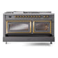 ILVE Nostalgie II 60-Inch Dual Fuel Range with 7 Sealed Burners + Griddle + French Top, 5.8 cu. ft. Oven, Graphite Matte with Brass Trim, Natural Gas, Triple Glass Door, UN60FSNMPMGG