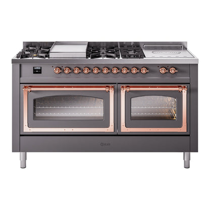 ILVE Nostalgie II 60-Inch Dual Fuel Range with 7 Sealed Burners + Griddle + French Top, 5.8 cu. ft. Oven, Graphite Matte with Copper Trim, Liquid Propane, Triple Glass Door, UN60FSNMPMGPLP