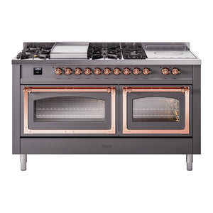 ILVE Nostalgie II 60-Inch Dual Fuel Range with 7 Sealed Burners + Griddle + French Top, 5.8 cu. ft. Oven, Graphite Matte with Copper Trim, Natural Gas, Triple Glass Door, UN60FSNMPMGP