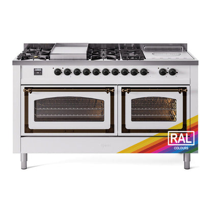 ILVE Nostalgie II 60-Inch Dual Fuel Range with 7 Sealed Burners + Griddle + French Top, 5.8 cu. ft. Oven, RAL with Burnished Trim, Natural Gas, Triple Glass Door, UN60FSNMPRAB