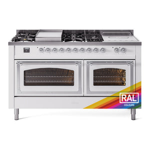 ILVE Nostalgie II 60-Inch Dual Fuel Range with 7 Sealed Burners + Griddle + French Top, 5.8 cu. ft. Oven, RAL with Chrome Trim, Natural Gas, Triple Glass Door, UN60FSNMPRAC