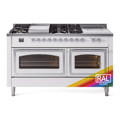 ILVE Nostalgie II 60-Inch Dual Fuel Range with 7 Sealed Burners + Griddle + French Top, 5.8 cu. ft. Oven, RAL with Chrome Trim, Natural Gas, Triple Glass Door, UN60FSNMPRAC