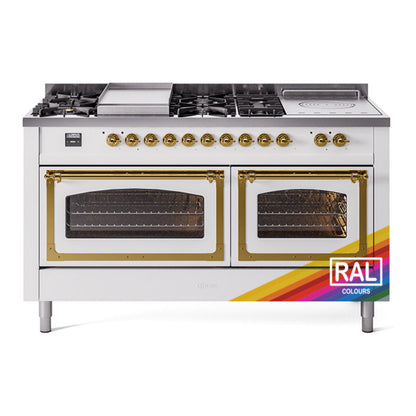 ILVE Nostalgie II 60-Inch Dual Fuel Range with 7 Sealed Burners + Griddle + French Top, 5.8 cu. ft. Oven, RAL with Brass Trim, Liquid Propane, Triple Glass Door, UN60FSNMPRAGLP